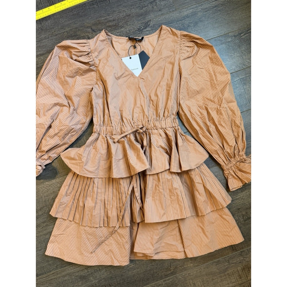 En Saison Tan Brown Striped Long Sleeved Ruffle Tiered Mini Dress XS NWT Es3191d